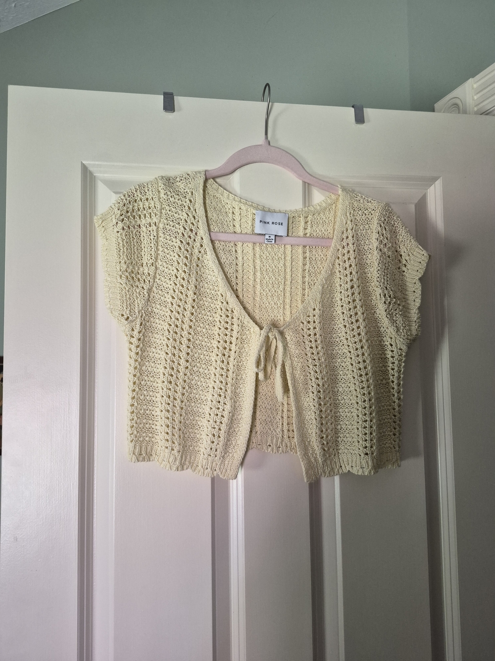 Pink Rose Yellow Crochet Tie-Front Short Sleeve Sweater